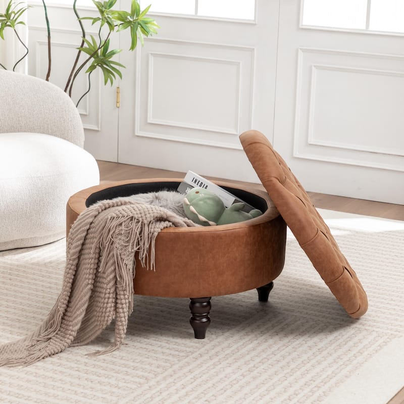 SEYNAR 29.5''Modern PU Leather Round Storage Ottoman with Wood Legs