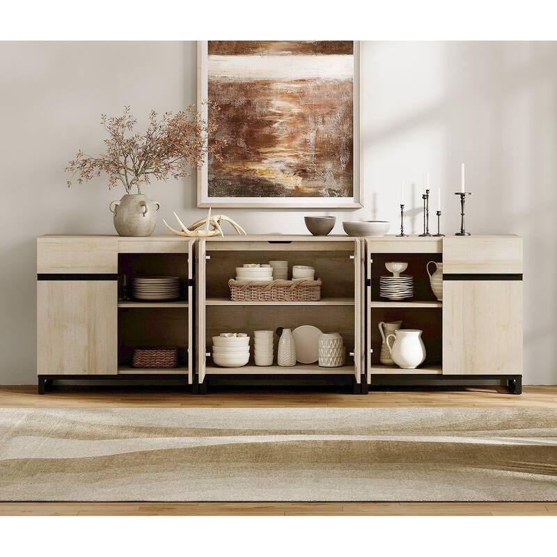 WAMPAT Modern Sideboard with Adjustable Shelves, 3 in 1 Storage Cabinet with Glass Doors, Coffee Bar Cabinet for Kitchen
