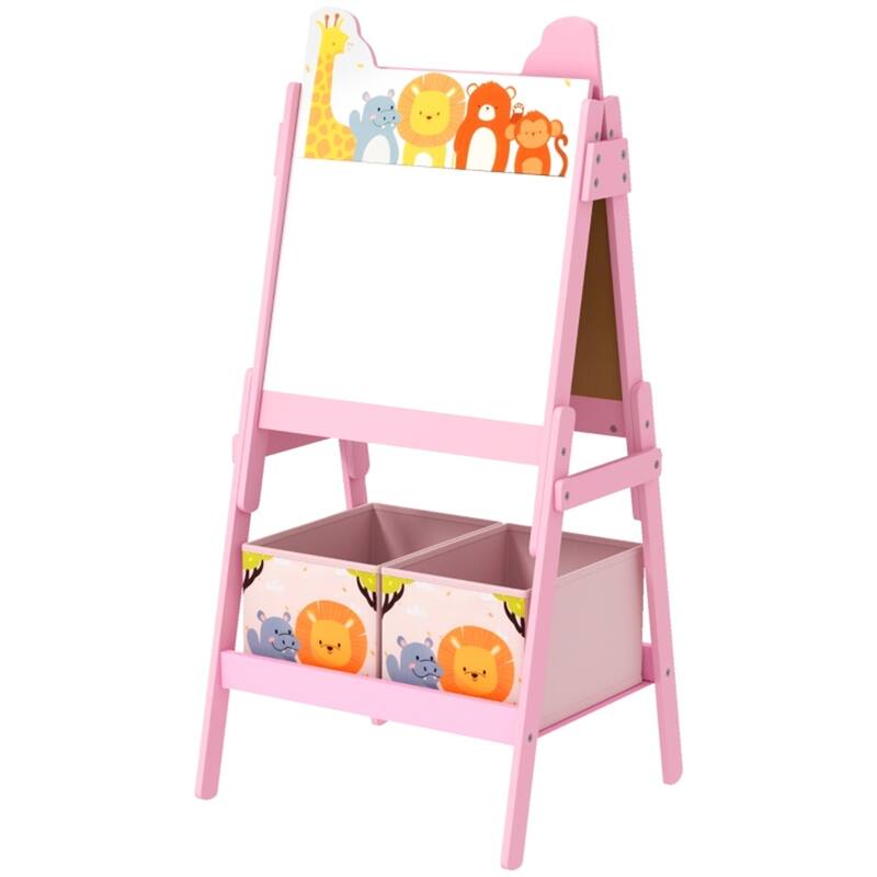 Children’s Art Easel 2-in-1 Pink MDF Board with Storage Boxes for Creative Playtime - 21.1" L x 19.3" W x 44.5" H