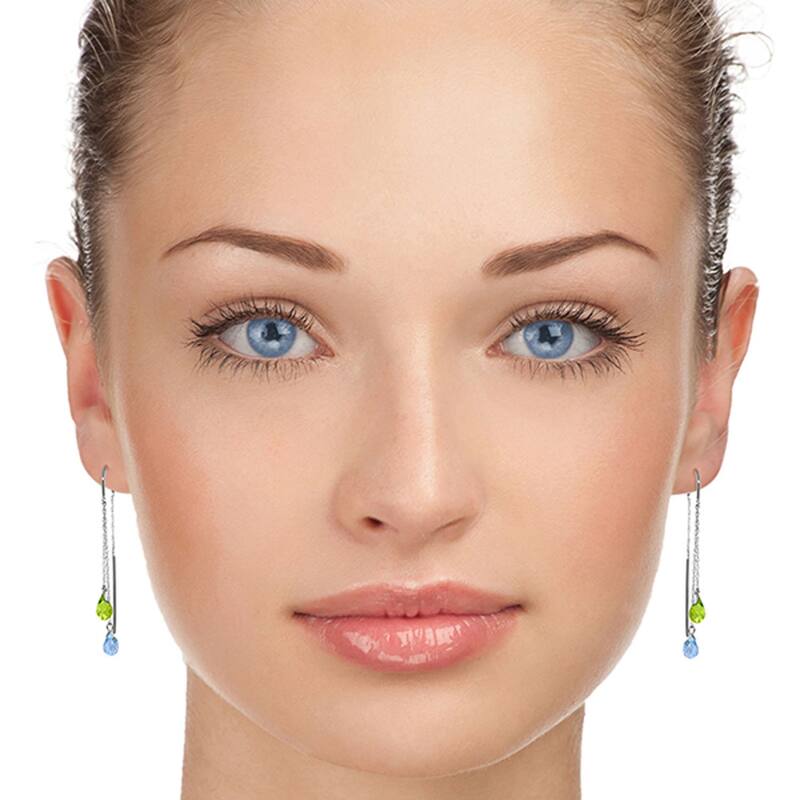 14K Solid Gold Threaded Dangle Earrings w/ Blue Topaz & Peridots