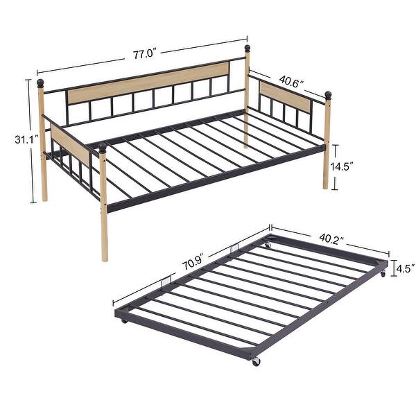 Twin Oak Legs & Steel Combination Daybed Bed Frame with Trundle, Black