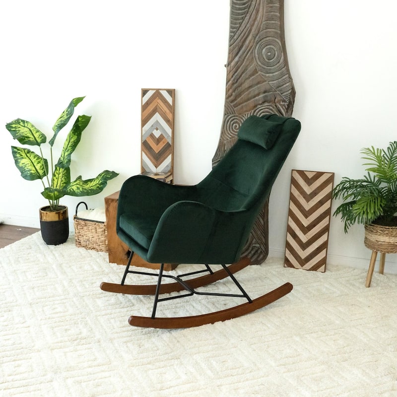 Velvet Rocking Chair with Padded Seat, Lazy Rocking Chair with High Backrest, Lounge Armchair with Wooden Base