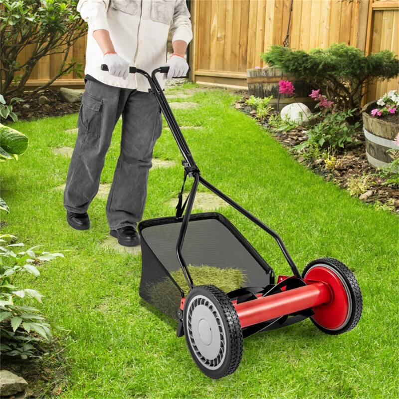 Manual Reel Lawn Mower Red Black 14-Inch Cutting Width 4-Height Adjustable 25L Grass Collector - 21" x 28" x 49" - Red/Black