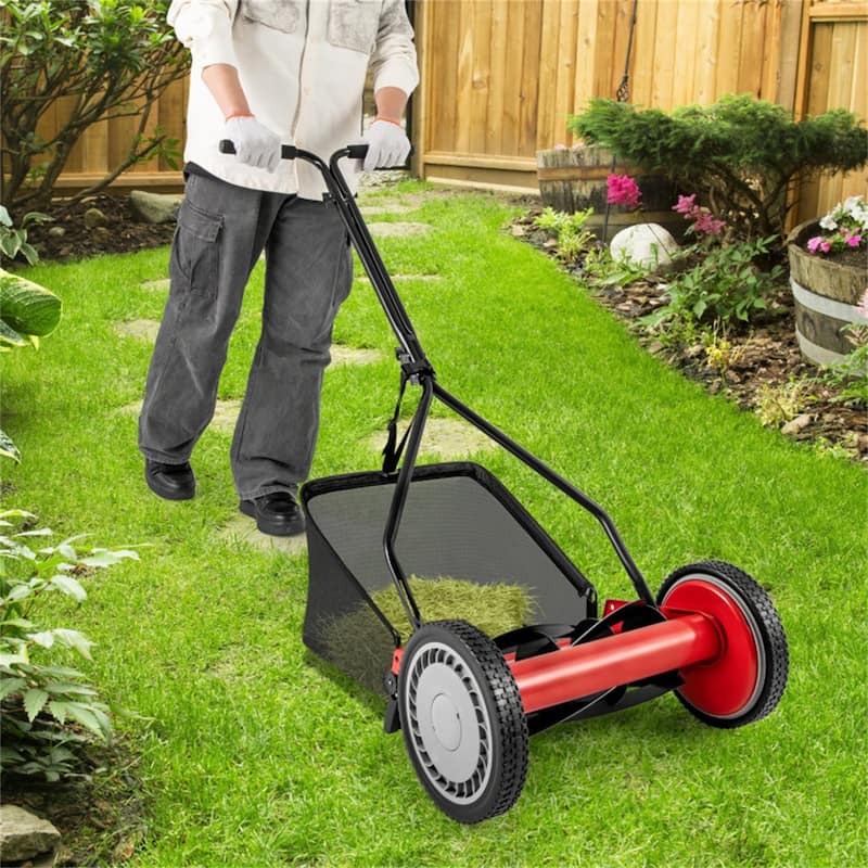 Manual Reel Lawn Mower Red Black 14-Inch Cutting Width 4-Height Adjustable 25L Grass Collector - 21" x 28" x 49"