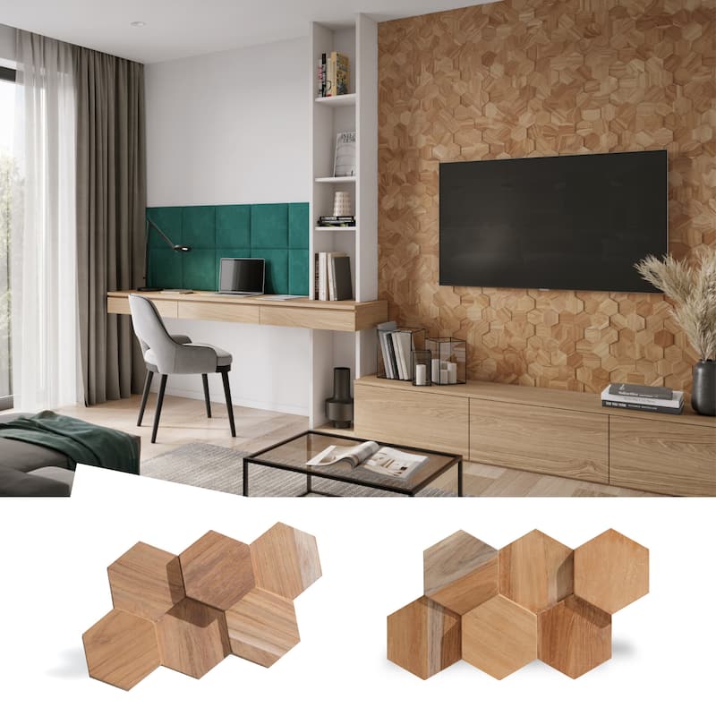 Wall!Supply 0.79 in. 5.91 in. 10.24 in. UltraWood Teak Hexagon Natural Jointless Wall Paneling (25-Pack)