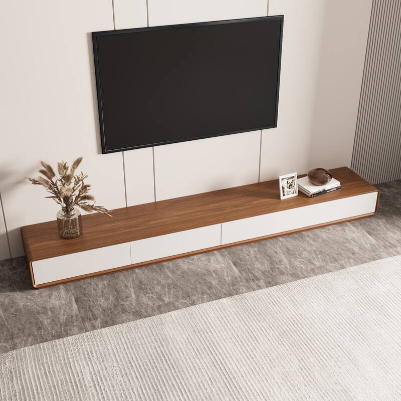 Modern Rectangular TV Stand with 4 Drawers, Wood Veneer Media Console, Walnut White, Soild Wooden, Fully-Assembled