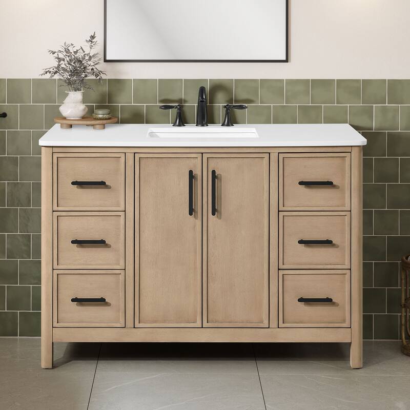 OVE Solas Bathroom Vanity with White Engineered Stone Top - 48" - Sahara Birch