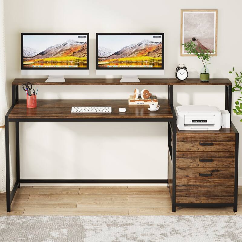 63 Inch Computer Desk with 3 Drawers, Modern Office Table with Monitor Stand and Printer Space for Home Office
