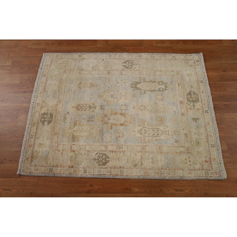 Geometric Oushak Turkish Area Accent Rug Hand-Knotted Wool Carpet - 3'1" x 3'11"