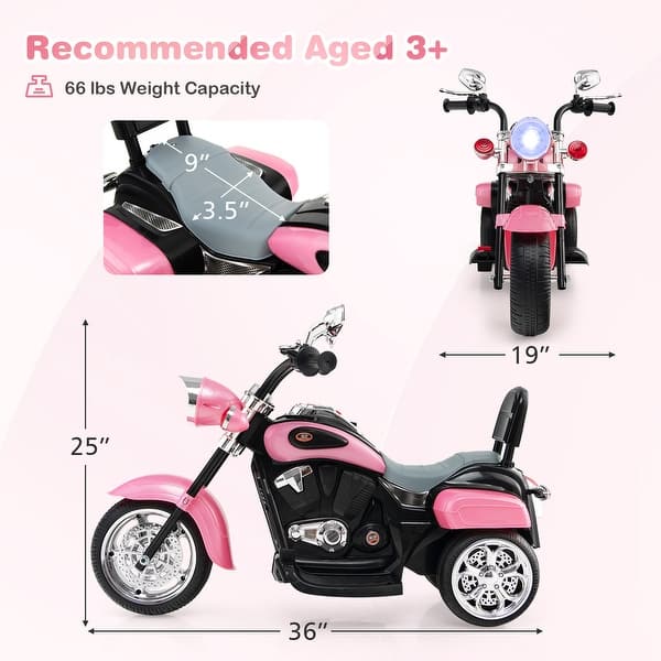 6V Powered Toddler 3-Wheel Motorbike Ride On Toy with Horn and Headlight - 36" x 19" x 25" (L x W x H)