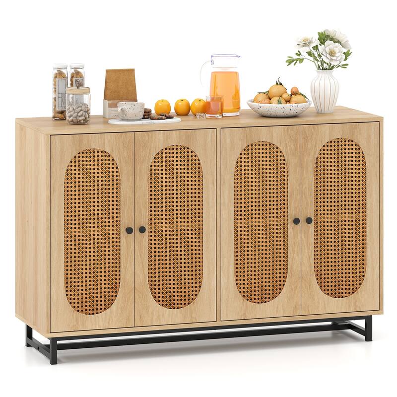Natural Engineered Wood and Metal Buffet Sideboard with PE Rattan Doors - 50" × 16" × 32"