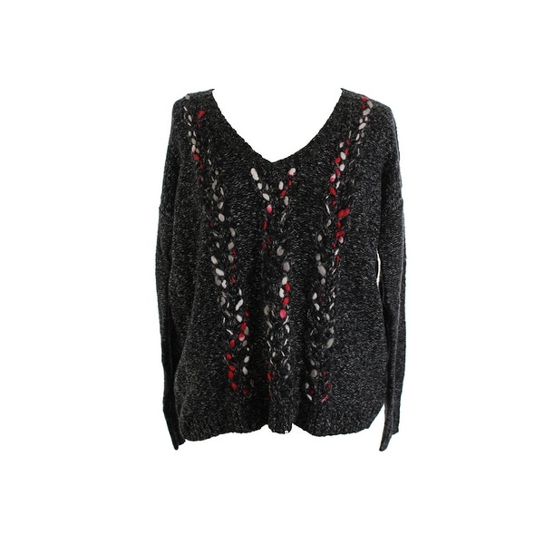 Kensie Grey Long-Sleeve V-Neck Open-Knit Sweater M