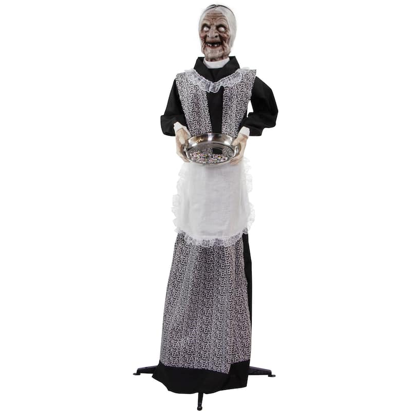 Haunted Hill Farm 5-Ft. Emma the Animated Zombie Housemaid Holding a Tray, Indoor or Covered Outdoor Decoration