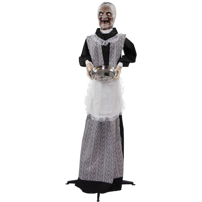 Haunted Hill Farm 5-Ft. Emma the Animated Zombie Housemaid Holding a Tray, Indoor or Covered Outdoor Decoration