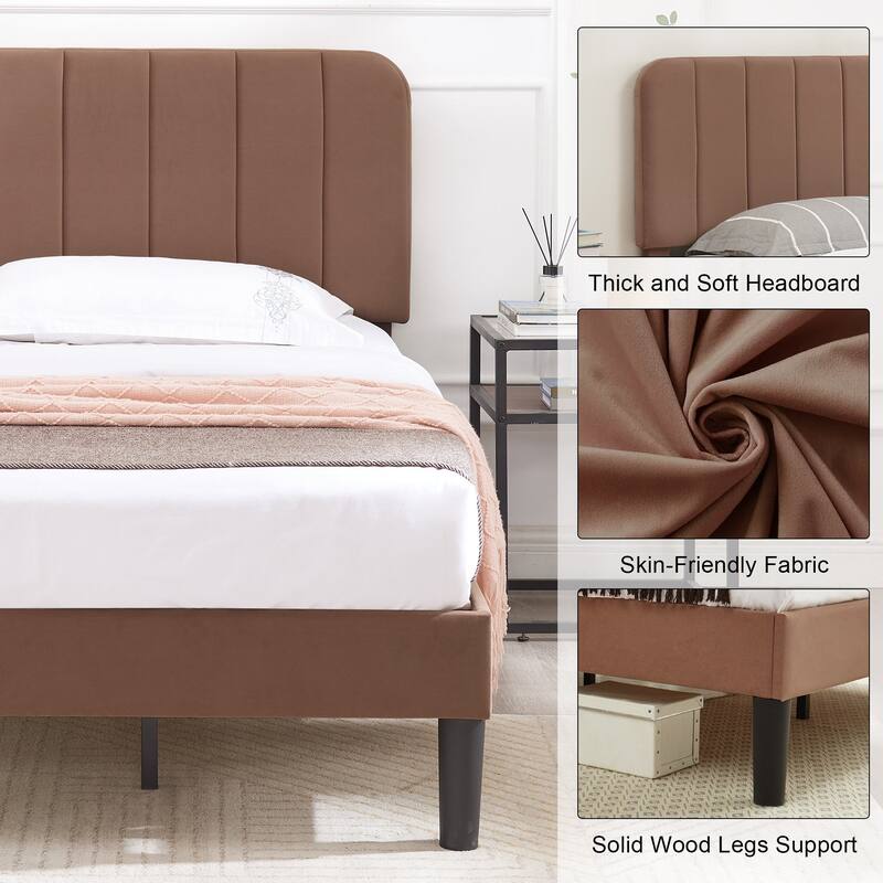 VECELO Velvet Upholstered Bed Frame with Vertical Channel Tufted Headboard, Adjustable Headboard, Wooden Slats Support