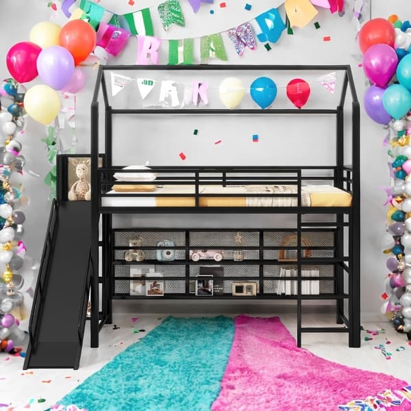 slide 2 of 12, House Metal Twin Size Loft Bed with Shelves and Slide Black