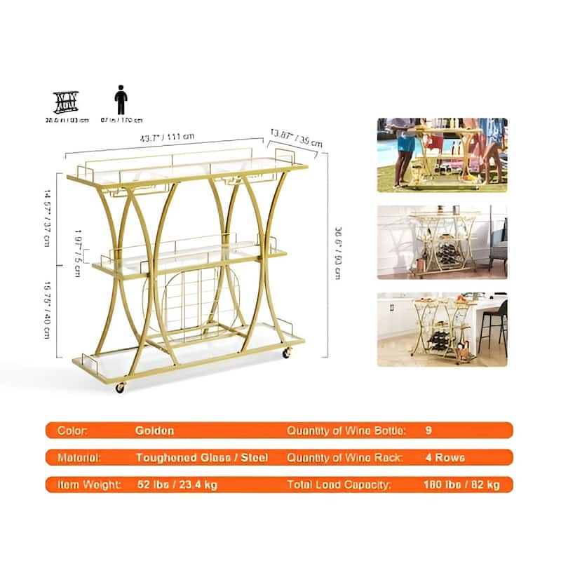 3 Tiers Gold Metal Bar Serving Cart with Wine Rack Glass Holder 180 LBS - Multi