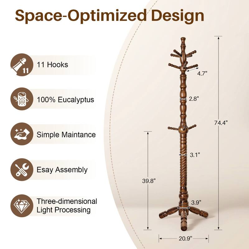 74.4" Solid Wood Coat Rack Freestanding, Coat Tree Stand with 11 Hooks - 74.4"H x 20.9"W