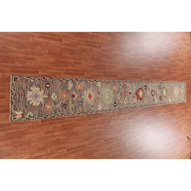 Hand Knotted Oriental 100% Wool Carpet Transitional Floral Multi-Colored Oushak Runner Rug - 19' 11'' X 2' 7''