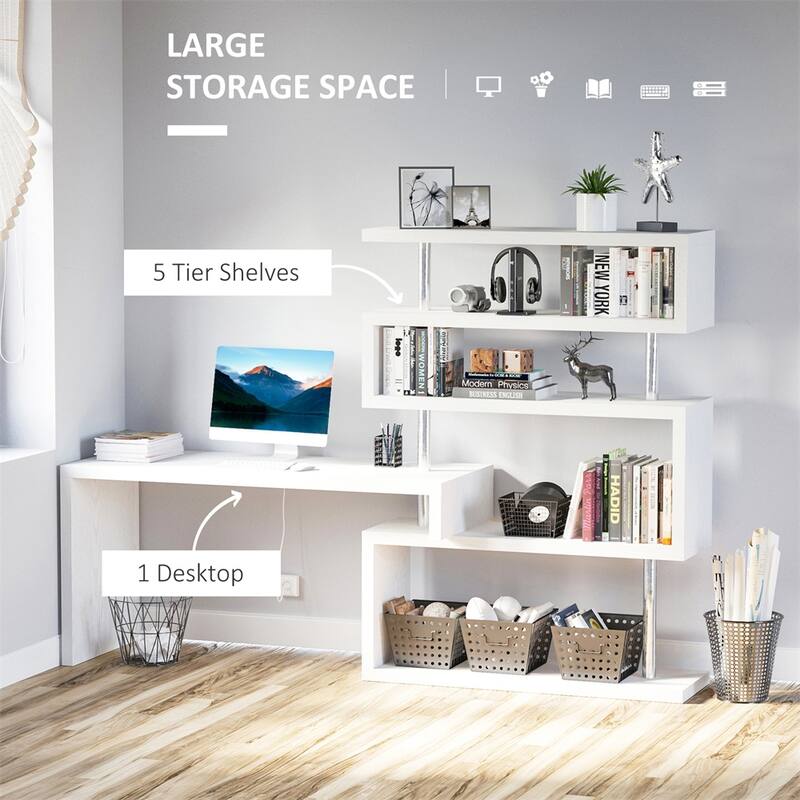 L-Shaped White Desk with Rotating Shelves and Multi-Tier Storage for Home and Office Use