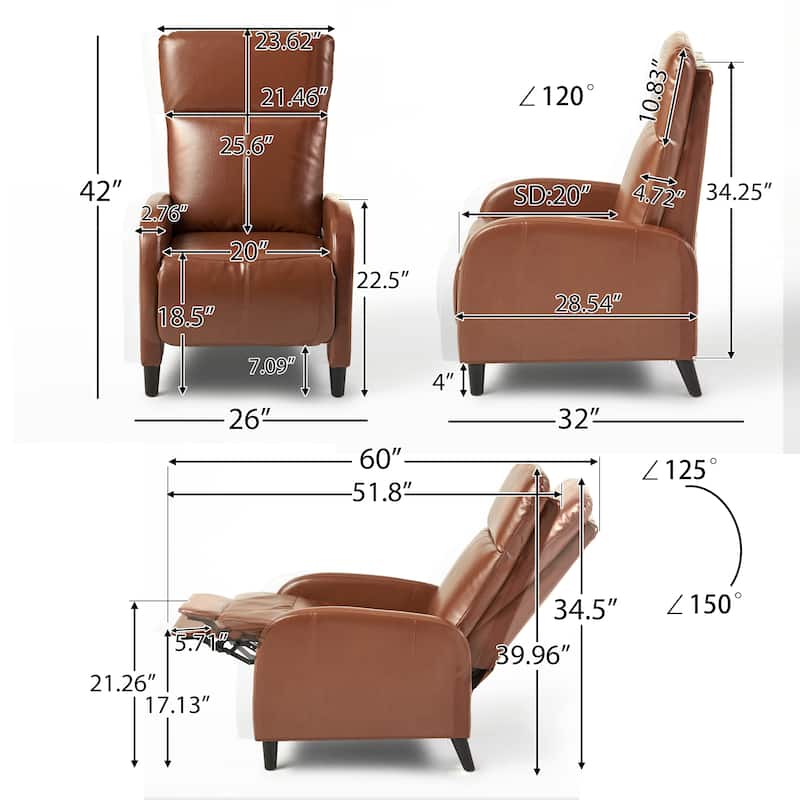 33.5"Wide Leather Push Back Standard Recliner Classic Overstuffed Single Recliner Sofa with Soft Padded and Armrest