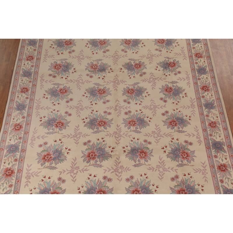 Floral Ivory Aubusson Chinese Area Rug Hand-Knotted Wool Carpet - 9'1"x 12'1"