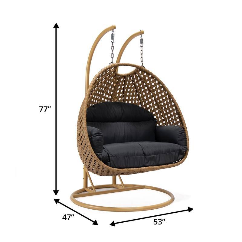 LeisureMod Mendoza 2-Person Hanging Egg Swing Chair - Handcrafted Light Brown Wicker, Patio Hammock Lounger with Cushions - 53"