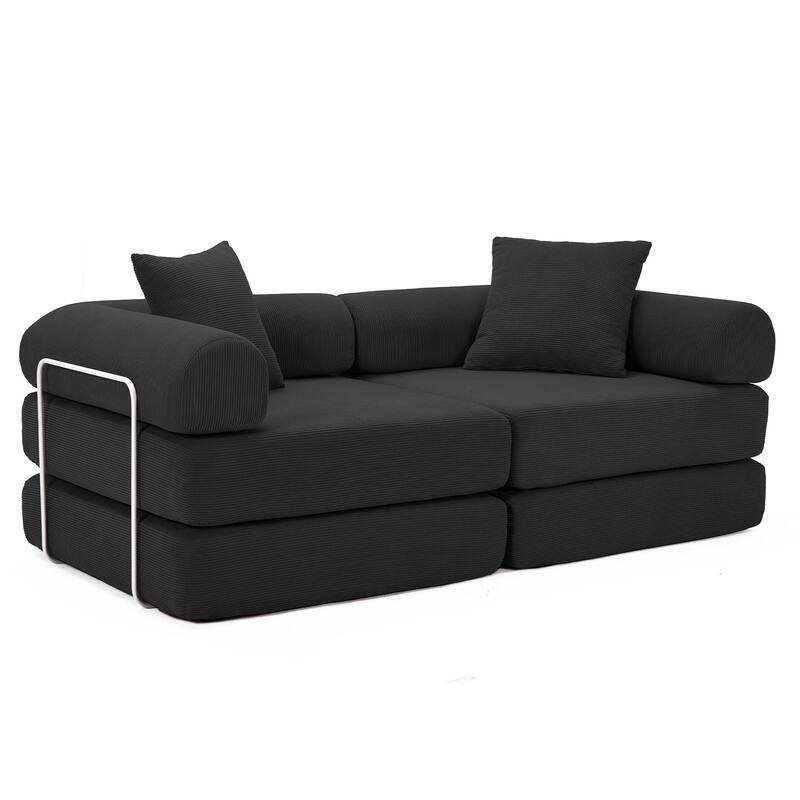 Folding Mattress Lounge Sofa with Corduroy Cushions, Convertible Sofa Bed Sleeper Sofa with Removable Armrests