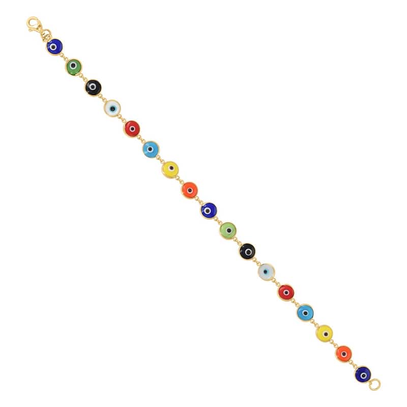Curata 10k Yellow Gold 7" 6mm Womens Mixed Enamel Evil Eye Good Luck Bracelet