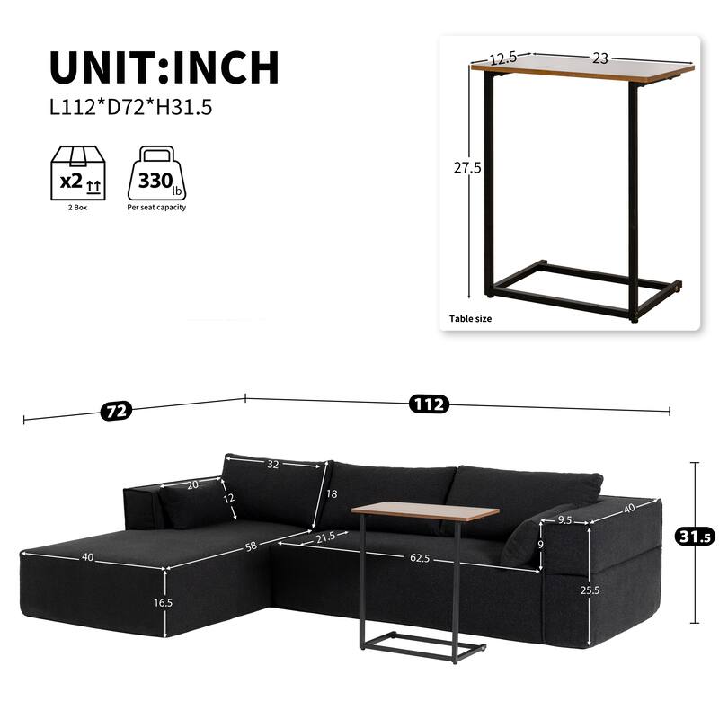 Modular Sectional Sofa with Side Table, Upholstered Cloud Sofa with L-Shaped Chaise Lounge, Full-Compressed Deep Seat Sofa - Black