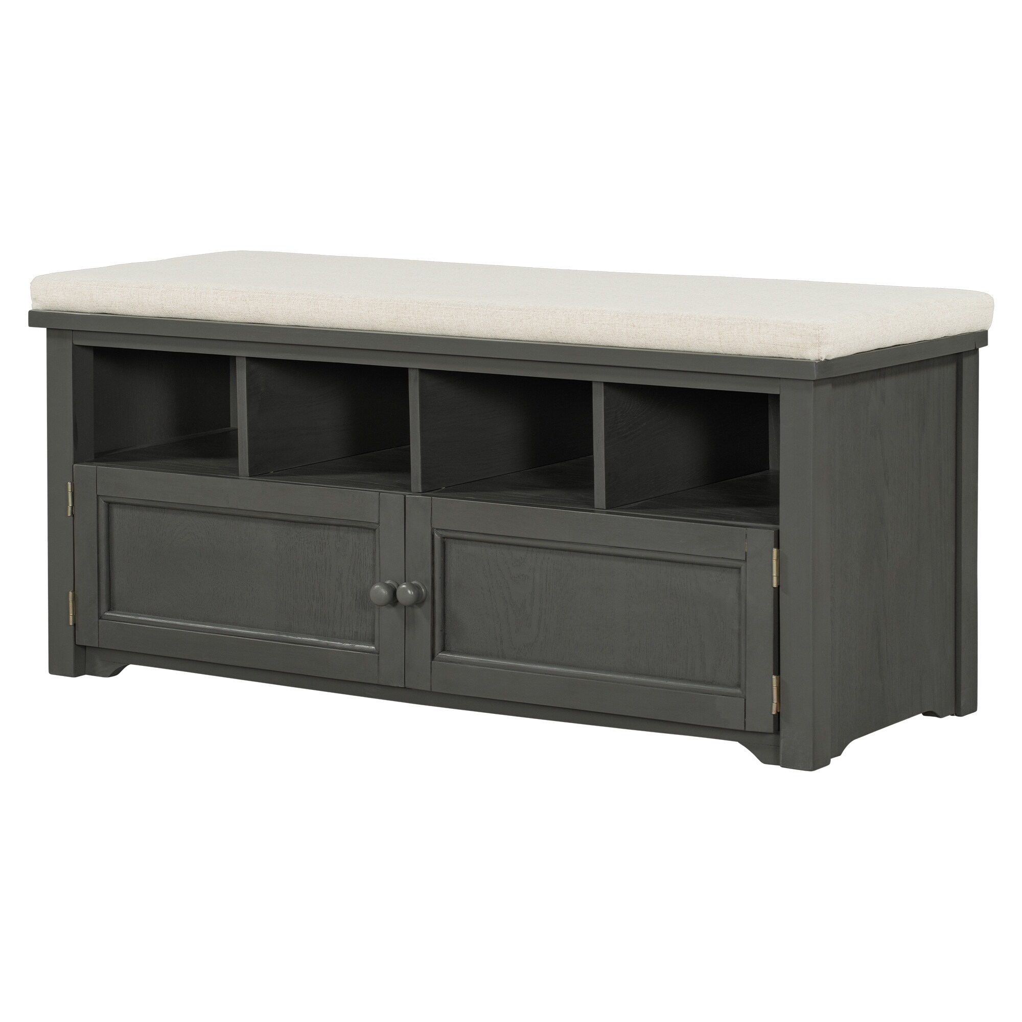 Storage Bench, Rustic Style 2-Door Storage Bench with 4 Small Storage Spaces  and Linen Upholstered Top Cushion, Wood Storage Bench for Entryway, Foyer  or a Mudroom, Dark Gray & Beige 