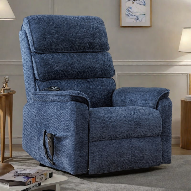 Dual Motor Power Lift Recliner Chair with Massage and Lumbar Heat - Chenille Fabric, Electric Recline - Blue