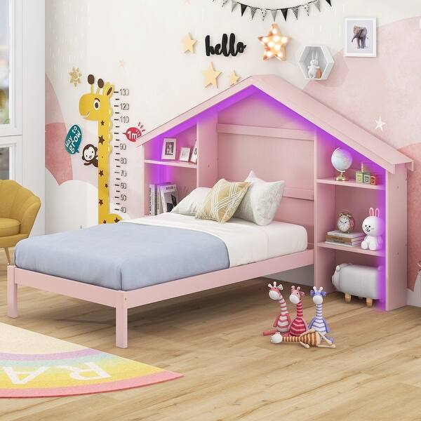 slide 2 of 19, Wood Platform Bed with House-shaped Storage Headboard and Built-in LED Pink - Twin