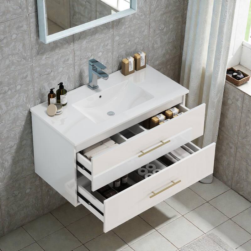 36" Gloss Wall-Mounted Bathroom Vanity with Integrated Ceramic Sink, Double Drawers & Long Gold Metal Handle