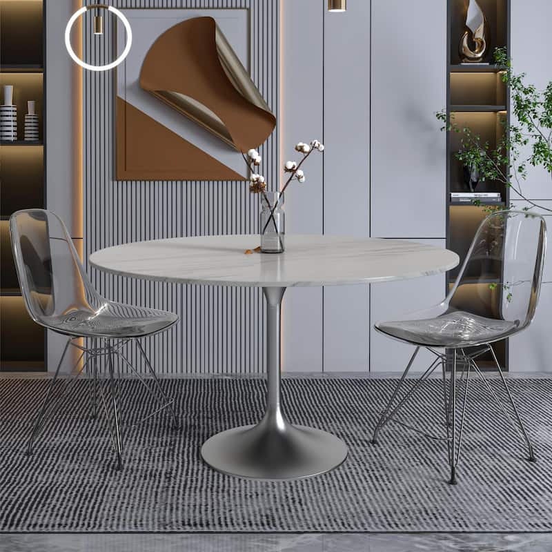 Verve 48" Modern Round Sintered Stone Top Dining Table with Stainless Steel Chrome Pedestal Base for Kitchen & Dining Room