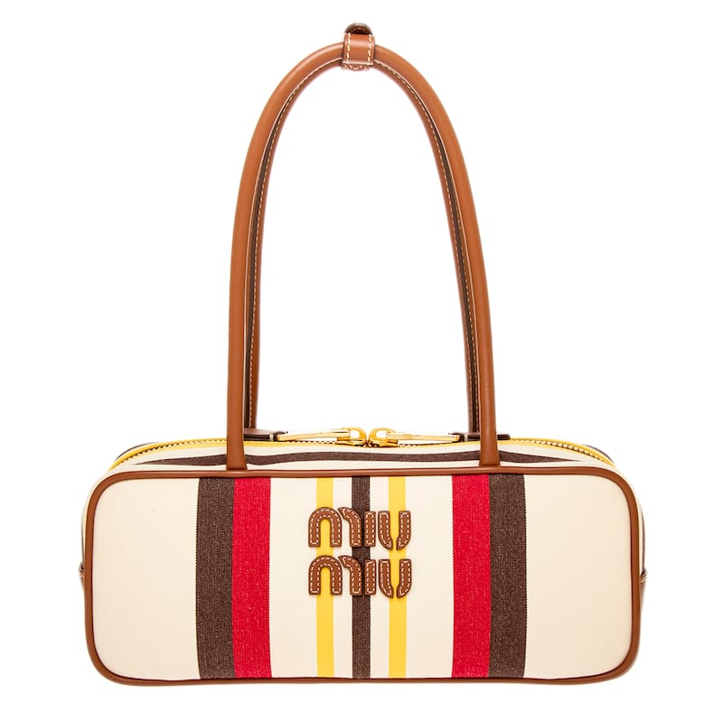 Miu Miu Beau Canvas and Leather Top Handle Bag - Off-White, Brown, Red and Yellow