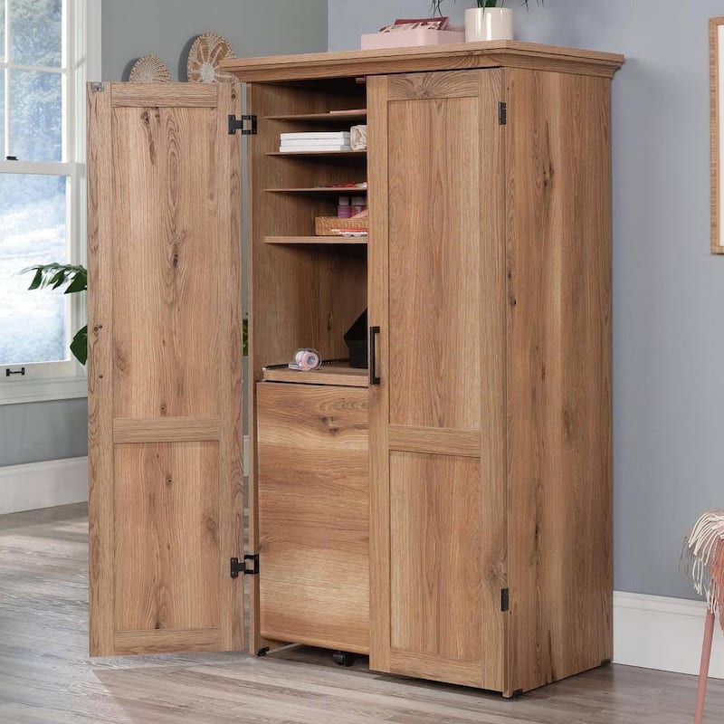 Space-Saving Craft Armoire with Drop Leaf Desk and Adjustable Storage Shelves Power Strip