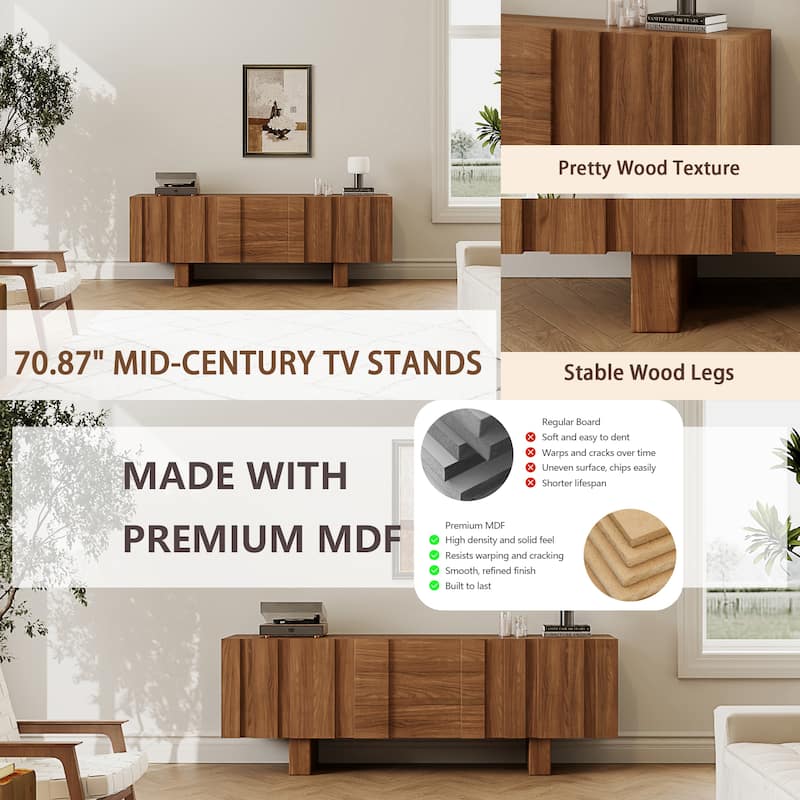 71" Mid Century Wood TV Stands, Brown Media Console with 3 Drawers and 2 Cabinets