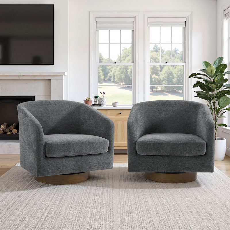 2 Set Modern Wide Round Swivel Accent Barrel Chairs - Grey/Chenille