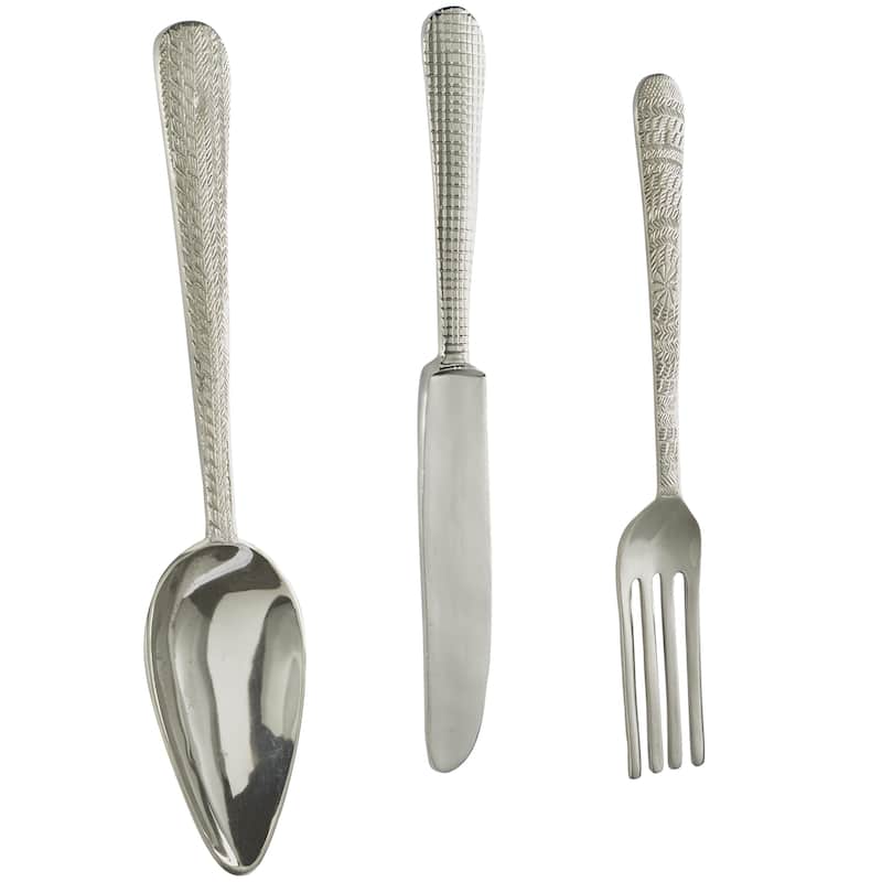 Aluminum Metal Utensils Knife, Spoon and Fork Home Wall Decor - Set of 3 Silver or Gold - Roche River Decor