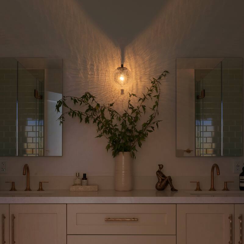 Modern Matte Black Metal Wall Sconce Round Clear Cracked Glass Shade