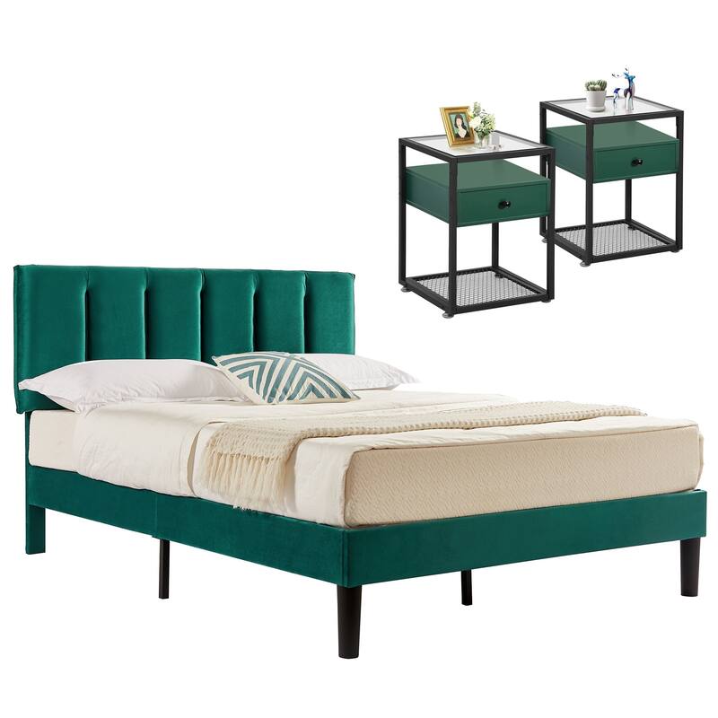VECELO, Five Colors, 3-Pieces Tufted Upholstered Platform Bed Frame with Adjustable Height Headboard and Nightstands Set of 2