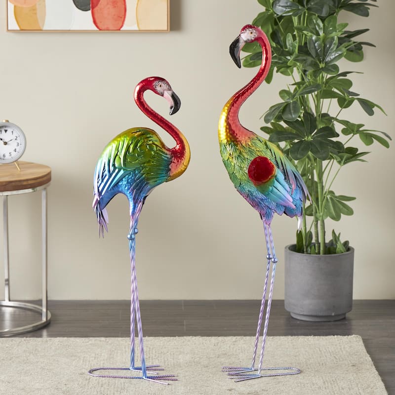 Metal Flamingo Tall Textured Rainbow Garden Sculpture - Set of 2 Multi Colored - Roche River Decor