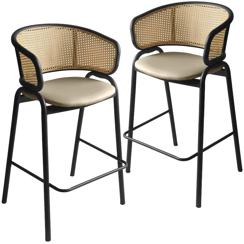 LeisureMod Ervilla Modern Wicker Leather Bar Stool with Curved Back & Stainless Steel Frame for Home & Kitchen - Taupe