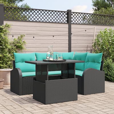 vidaXL 5 Piece Garden Sofa Set with Cushions Black Poly Rattan - 69.9×48.2×27.2