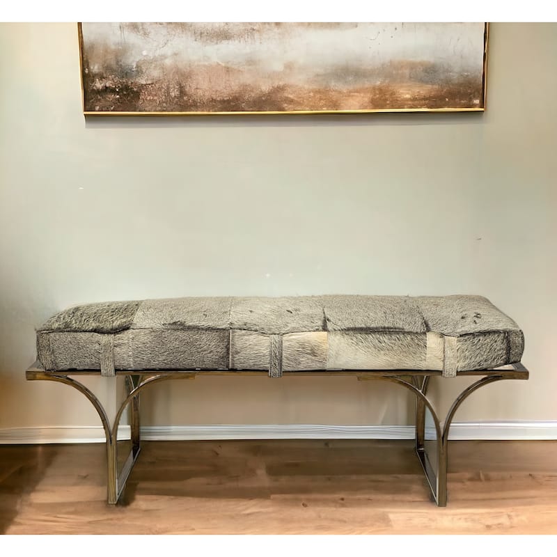 HomeRoots 55" Gray and Antiqued Brass Upholstered Faux Fur Bench - 55 - 55