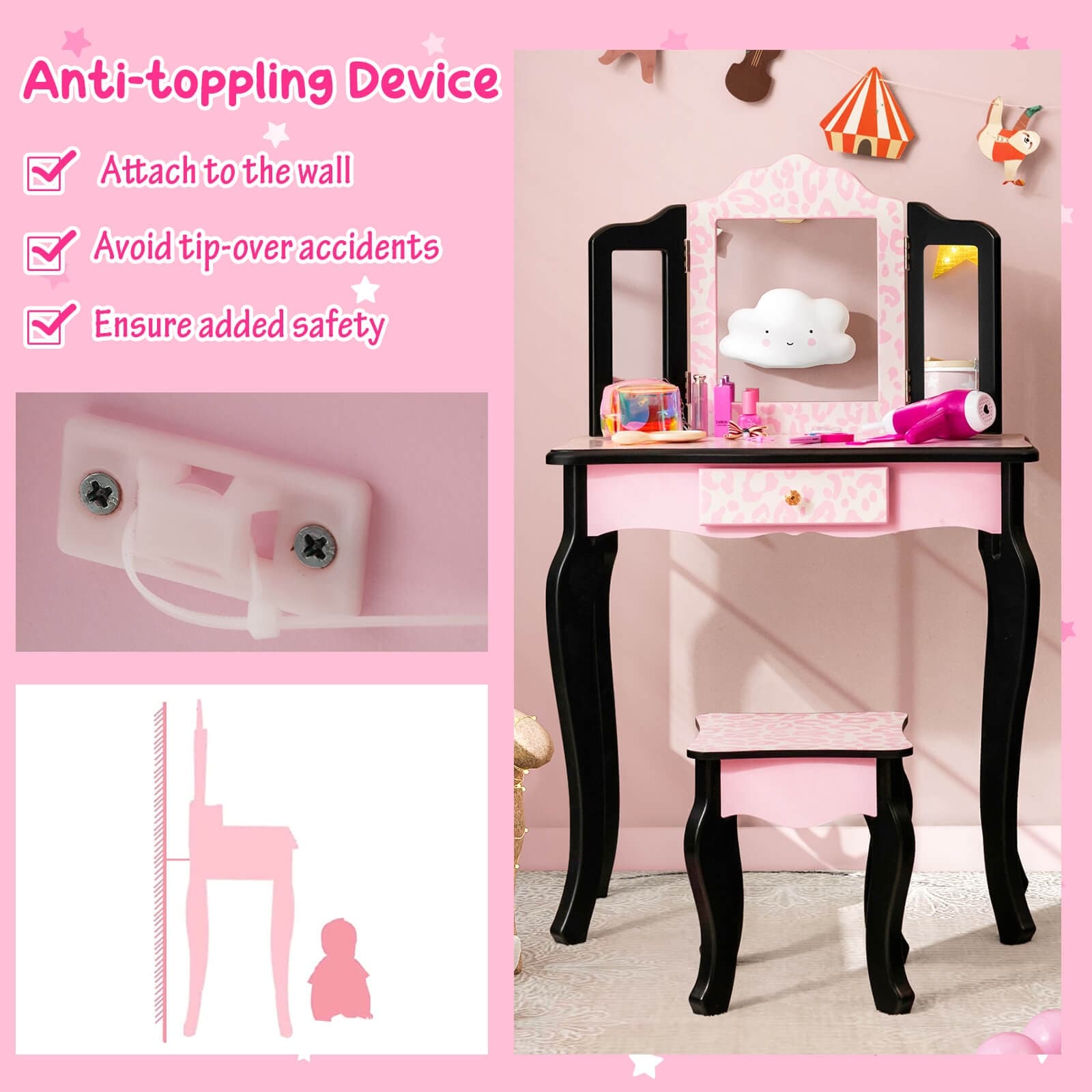 Pink MDF Vanity Set with Removable Tri-Folding Mirror and