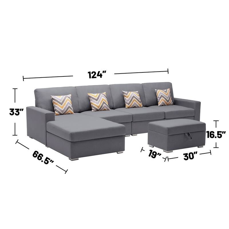 Linen Fabric 5 Piece Reversible Sofa Chaise with Interchangeable Legs and Storage Ottoman in Grey