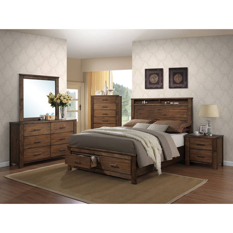 Oak Finish Bed with Storage and Panel Headboard - Oak