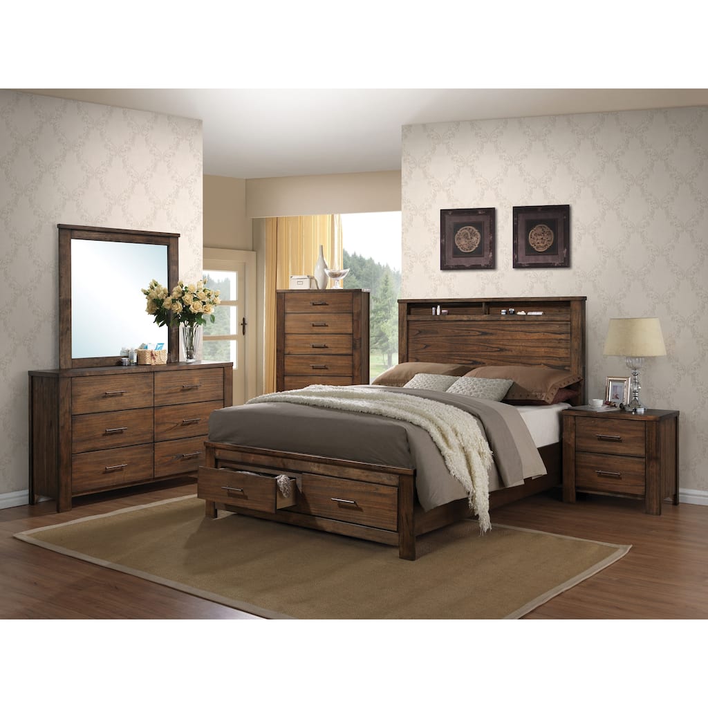 Oak Finish Bed with Storage and Panel Headboard